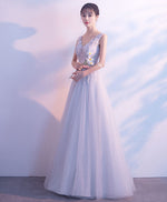 Gray Tulle Lace V Neck Long Prom Dress, Evening Dress
