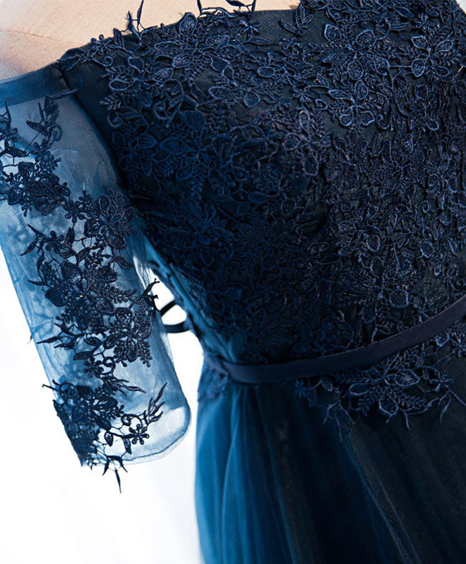 Dark Blue Lace Tulle Long Prom Dress, Lace Evening Dress