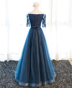 Dark Blue Lace Tulle Long Prom Dress, Lace Evening Dress
