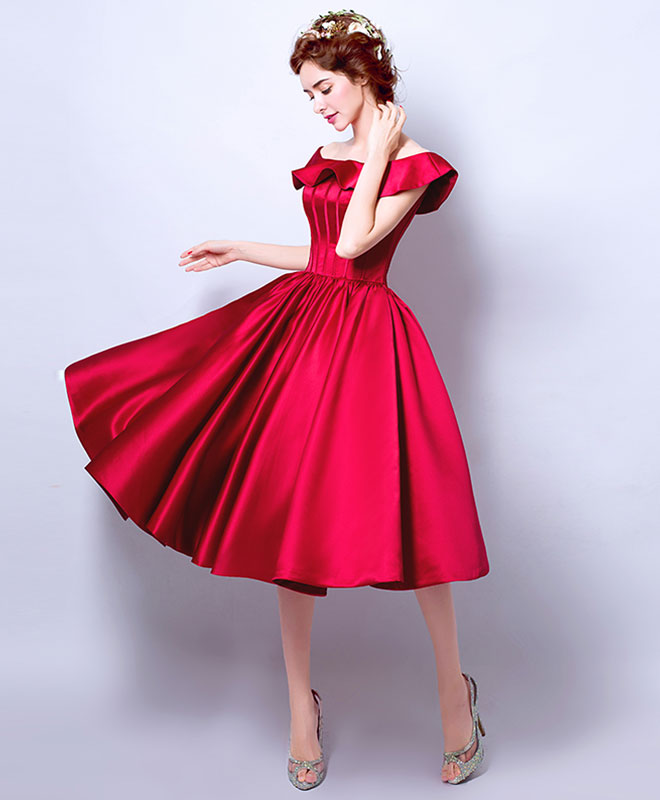 Burgundy Satin Short Prom Dress, Burgundy Evening Dress