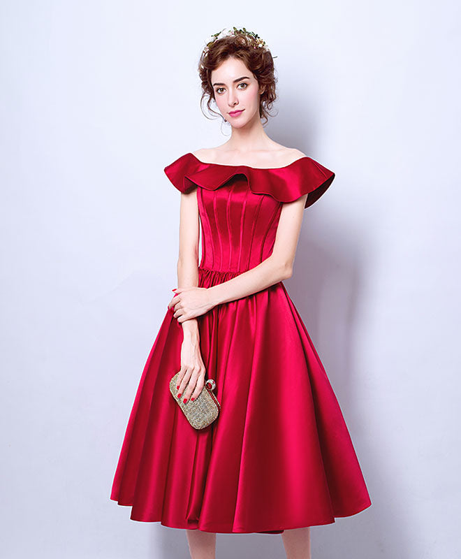 Burgundy Satin Short Prom Dress, Burgundy Evening Dress