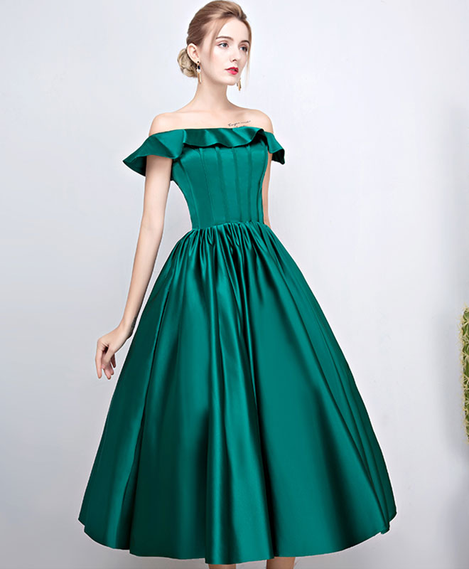 Green Satin Short Prom Dress, Green Tea Length Homecoming Dresses