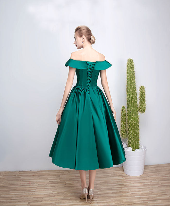 Green Satin Short Prom Dress, Green Tea Length Homecoming Dresses