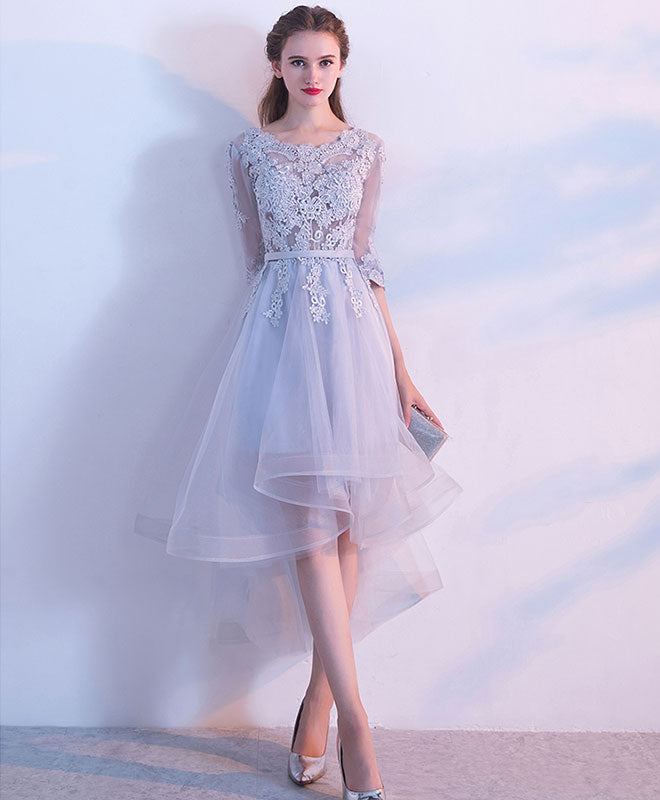 Gray Lace Tulle High Low Prom Dress, Gray Bridesmaid Dress
