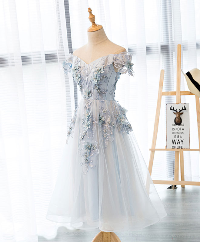 Gray Lace Off Shoulder Short Prom Dress, Homecoming Dress