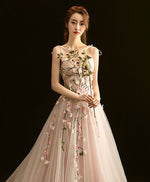 High Quality V Neck Lace Long Prom Dress, Light Pink Evening Dress