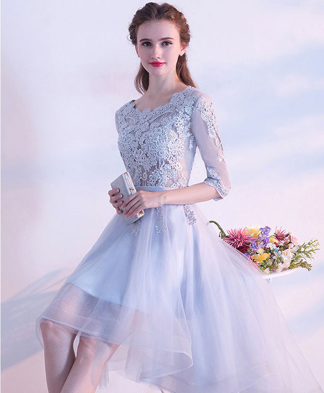 Gray Lace Tulle High Low Prom Dress, Gray Bridesmaid Dress