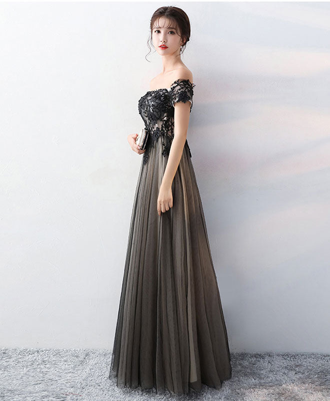 Black Lace Tulle Long Prom Dress, Black Formal Party Dress