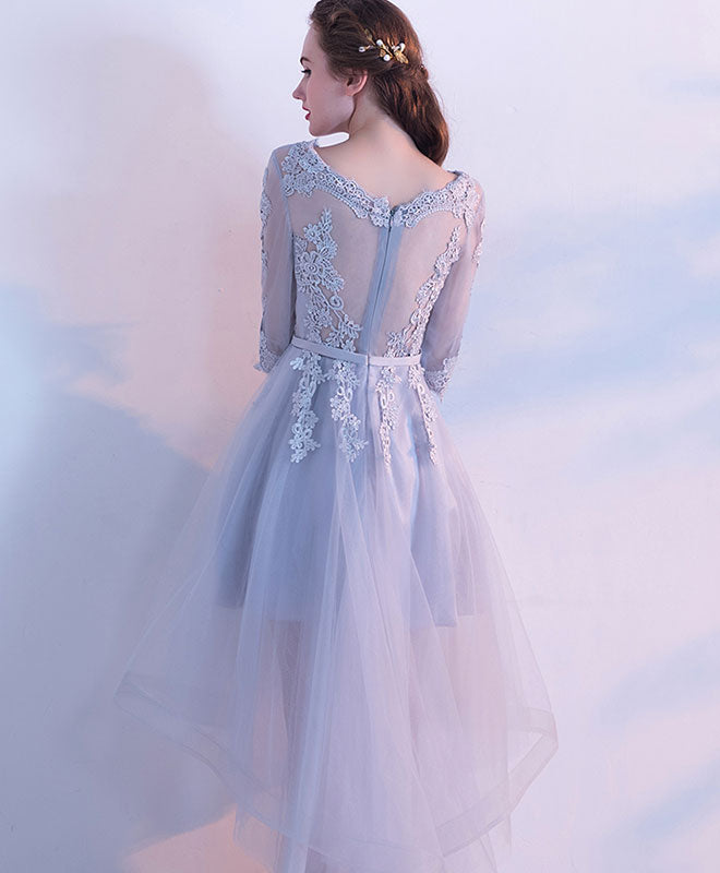 Gray Lace Tulle High Low Prom Dress, Gray Bridesmaid Dress