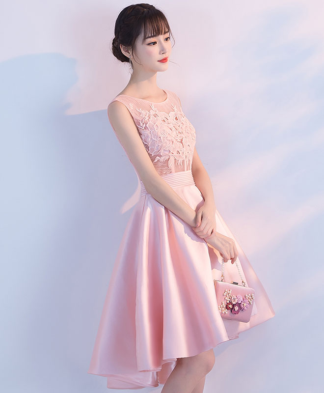 Pink Lace Short Prom Dress, High Low Evening Dress