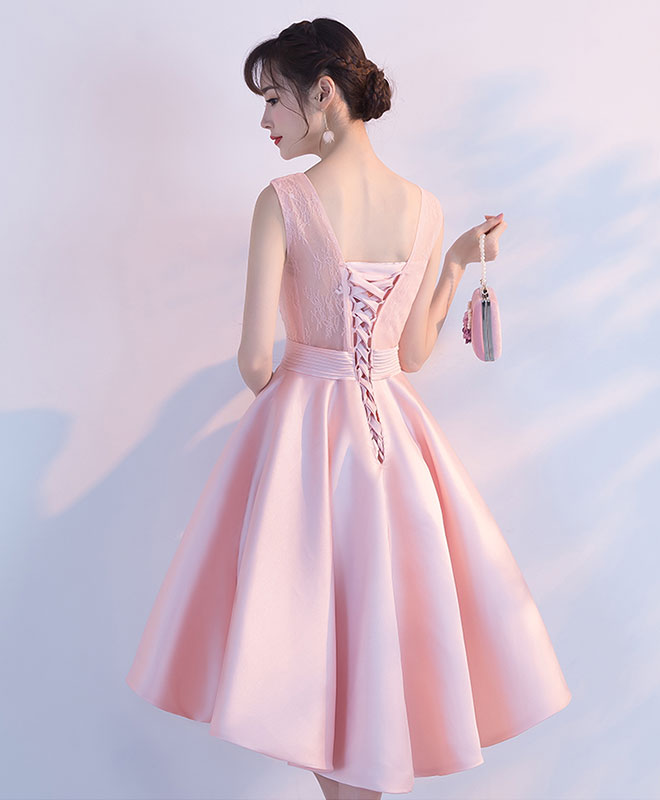 Pink Lace Short Prom Dress, High Low Evening Dress