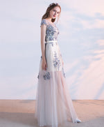 Gray Tulle Lace Long Prom Dress, Evening Dress