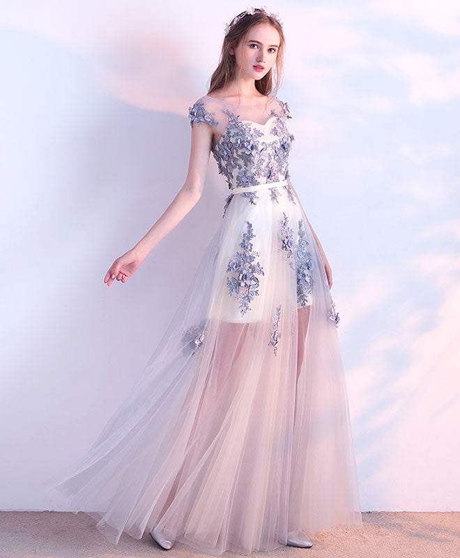 Gray Tulle Lace Long Prom Dress, Evening Dress