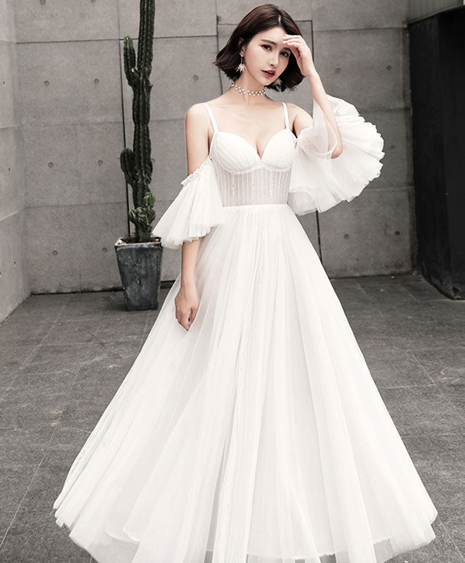 A-Line Tulle Long Prom Dress, White Evening Dress