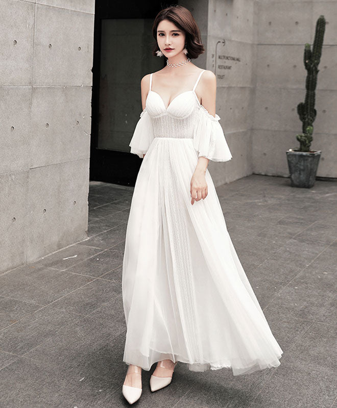 A-Line Tulle Long Prom Dress, White Evening Dress