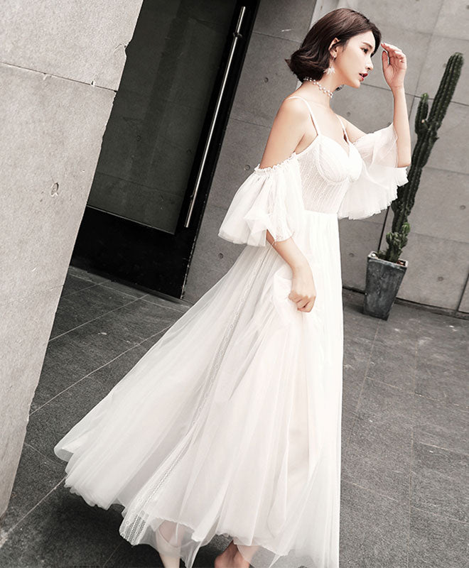 A-Line Tulle Long Prom Dress, White Evening Dress