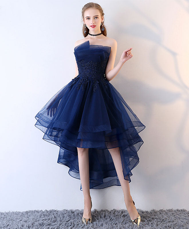 Dark Blue Tulle Short Prom Dress, High Low Homecoming Dresses
