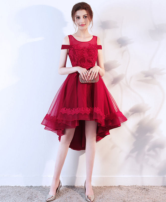 Cute Lace Off Shoulder Short Prom Dress, High Low Evening Dress