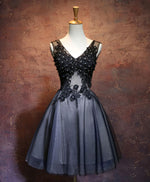Black V Neck Lace Short Prom Dress, Black Evening Dress