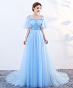 Stylish Sky Blue Tulle Long Prom Dress, Evening Dress