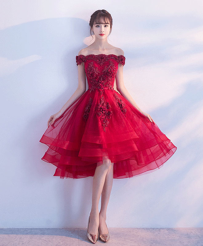 Cute Burgundy Lace Tulle Short Prom Dress, Burgundy Party Dress