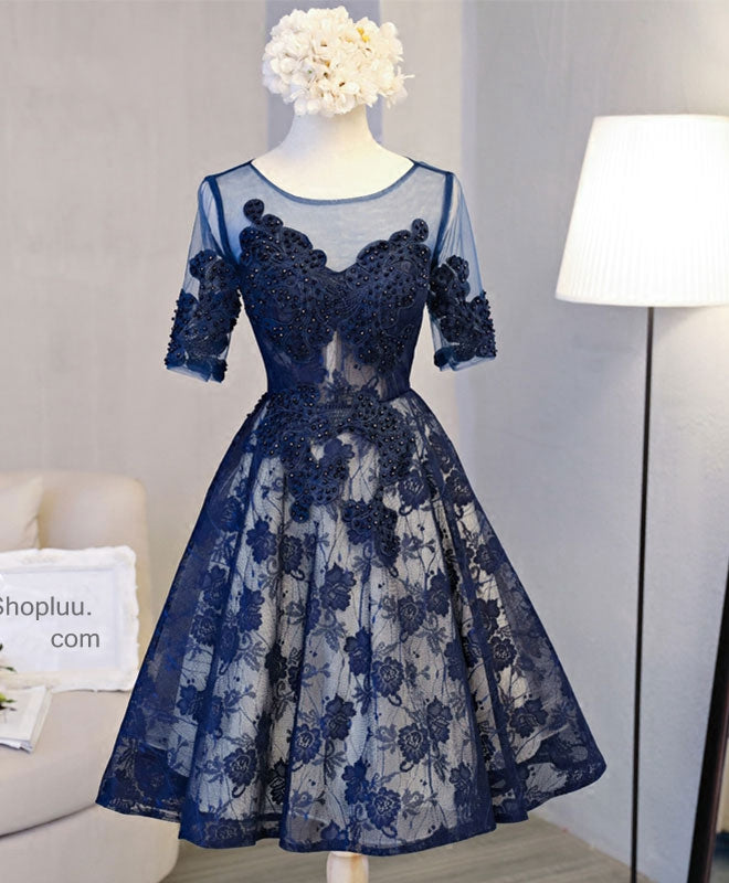 Cute Dark Blue Lace Short Prom Dress, Blue Homecoming Dress