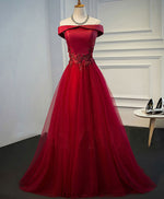 Burgundy Lace Tulle Long Prom Dress, Off Shoulder Evening Dress – shopluu