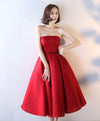 Simple Red Strapless Tea Length Prom Dress, Red Evening Dress