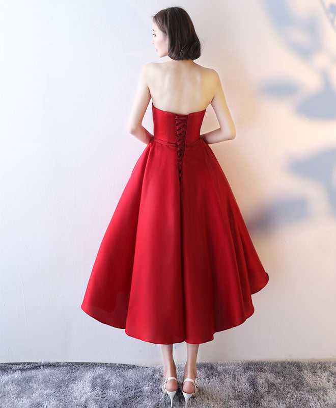 Simple red tea Length prom dress, red evening dress – dresstby