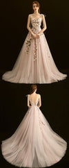 High Quality V Neck Lace Long Prom Dress, Light Pink Evening Dress