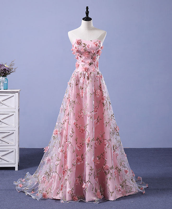 Pink Tulle 3D Flowers Long Prom Dress, Pink Long Graduation Dresses