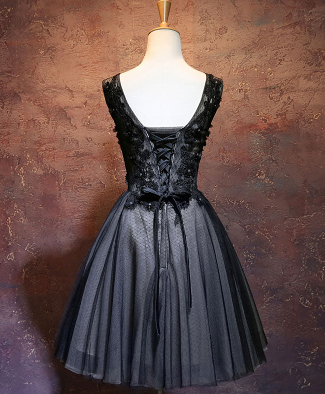 Black V Neck Lace Short Prom Dress, Black Evening Dress