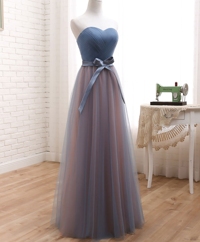 Cute Tulle Sweetheart Neck Prom Dress, Gray Blue Long Formal Dress