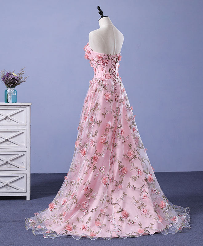 Pink Tulle 3D Flowers Long Prom Dress, Pink Long Graduation Dresses