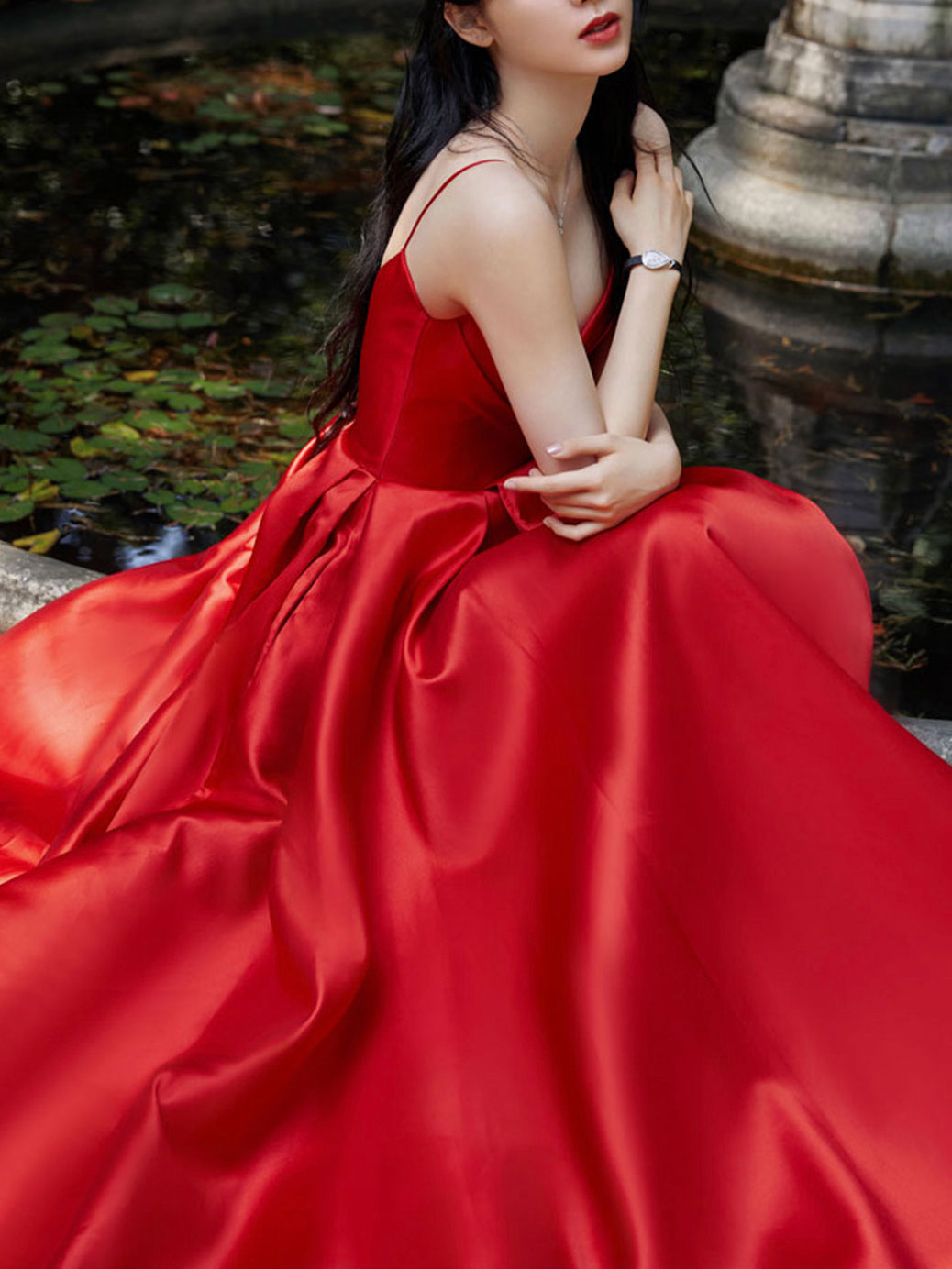Fancy Red Sheer Long Sleeve Lace Chiffon Long Prom Dress - Lunss