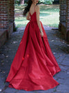 Red V Neck Satin Long Prom Dress, Red Formal Graduation Dresses