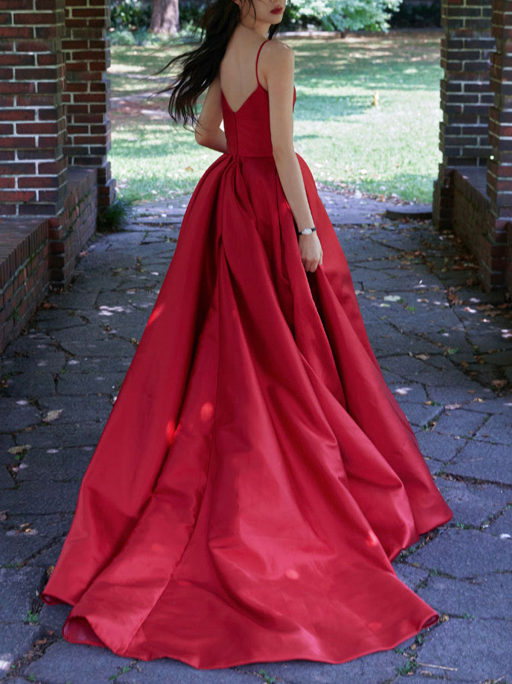 Red V Neck Satin Long Prom Dress, Red Formal Graduation Dresses – shopluu