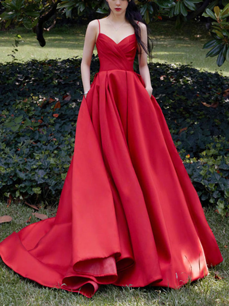 Red V Neck Satin Long Prom Dress, Red Formal Graduation Dresses