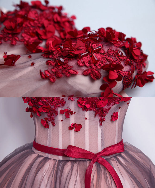 A Line Sweetheart Neck Tulle Mini Prom Dresses, Burgundy Homecoming Dress