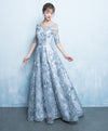 A Line Round Neck Tulle Gray Long Prom Dress, Formal Dress