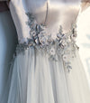 Gray A Line Lace Long Prom Dress, Gray Evening Dress