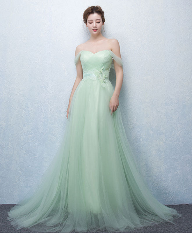 Cute Green Tulle Lace Long Prom Dress, Green Evening Dress
