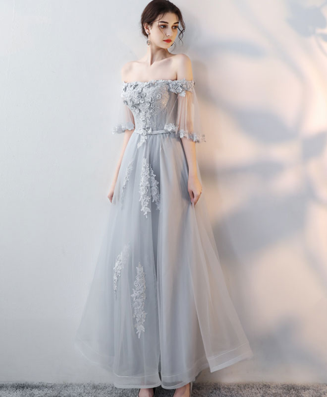 Gray Tulle Lace Long Prom Dress, Lace Evening Dress