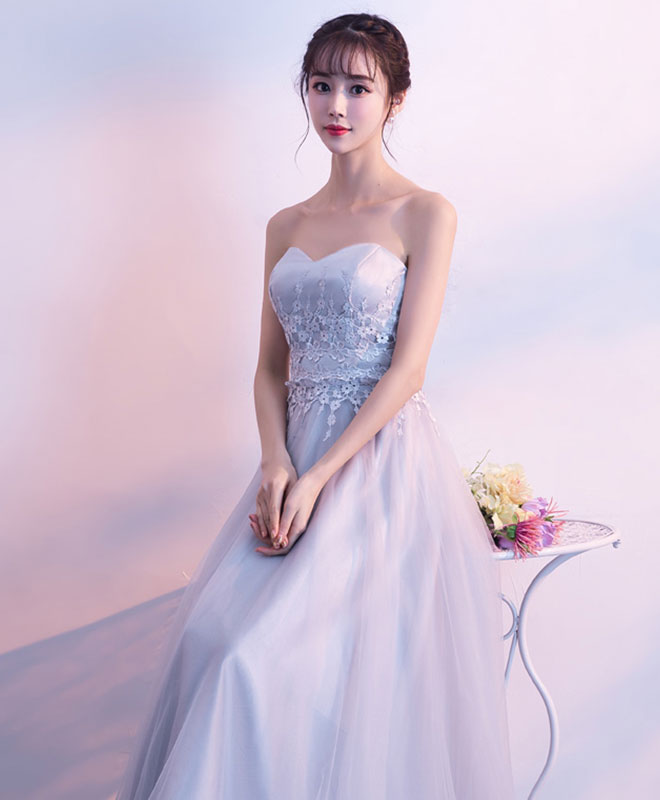 Unique Gray Tulle Long Prom Dress, Lace Evening Dress
