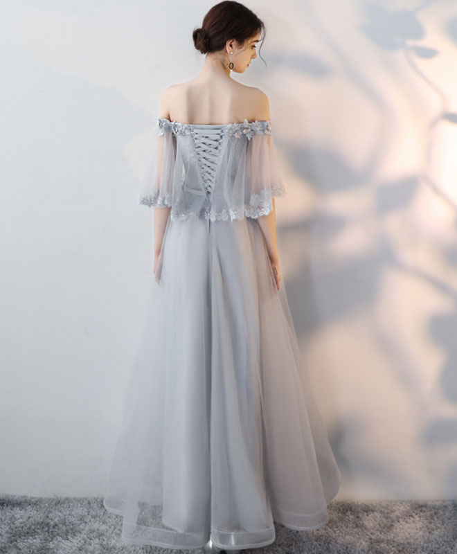 Gray Tulle Lace Long Prom Dress, Lace Evening Dress