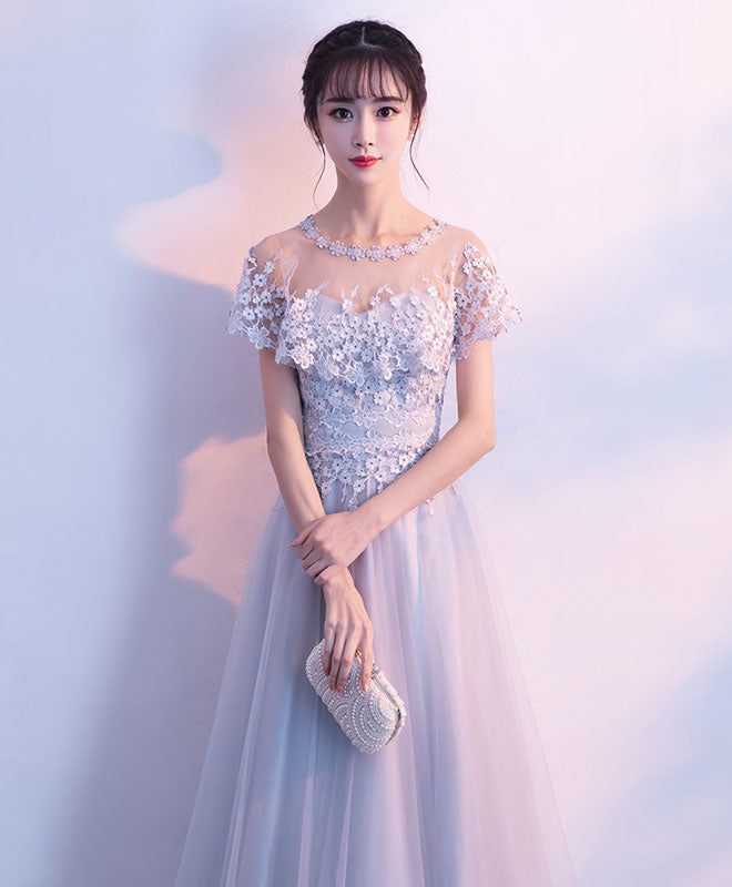 Unique Gray Tulle Long Prom Dress, Lace Evening Dress
