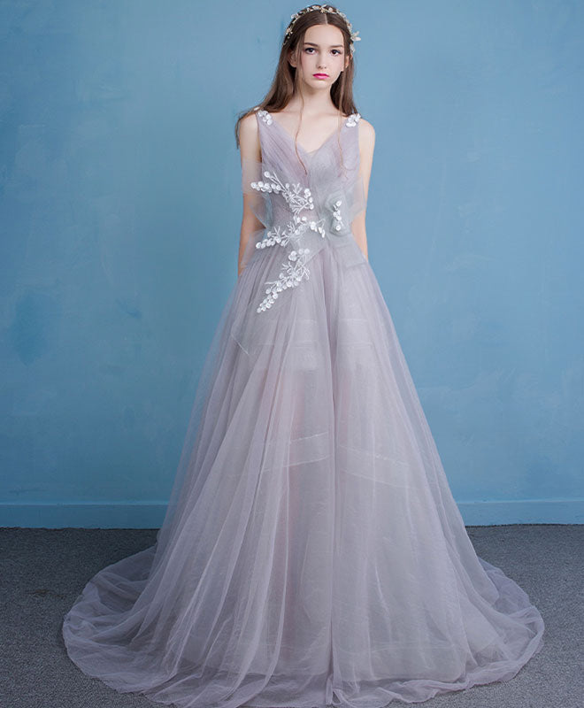 Stylish Gray Tulle Lace Long Prom Dress, Evening Dress – shopluu