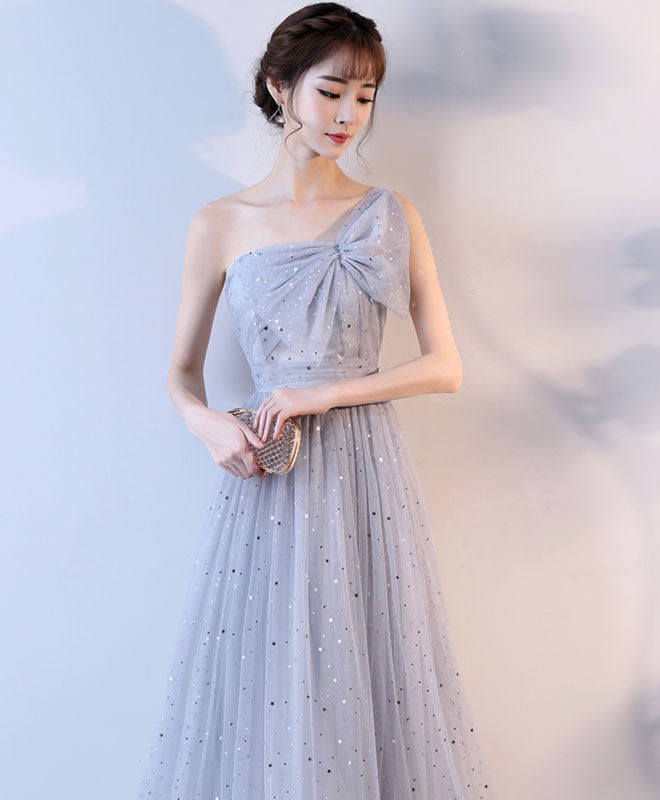 Cute Gray One Shoulder Long Prom Dress, Evening Dress