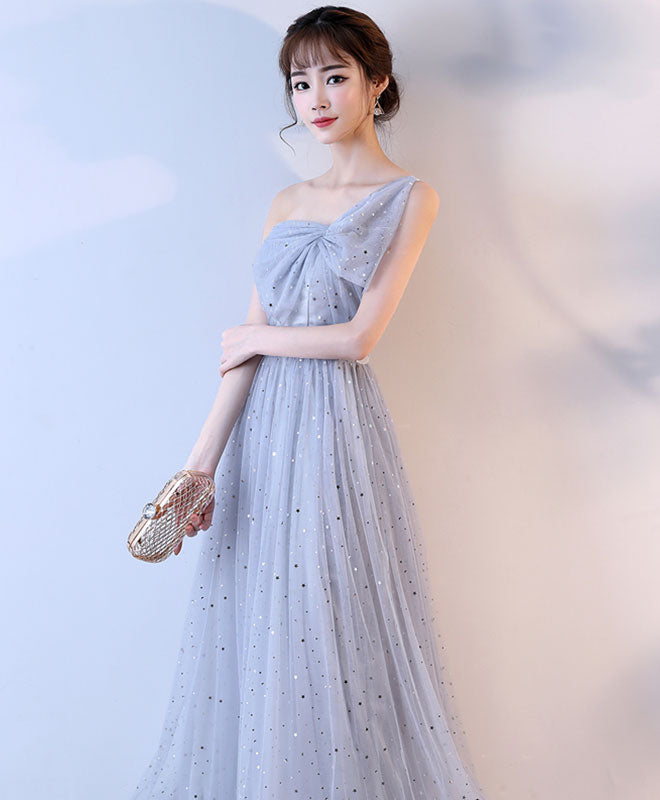Cute Gray One Shoulder Long Prom Dress, Evening Dress