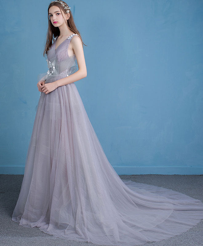 Stylish Gray Tulle Lace Long Prom Dress, Evening Dress